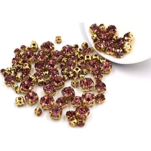 New 100pcs/bag Mixed size Light purple glass strass crystal Clothing loose beads gold base sewing rhinestones diy Wedding dress