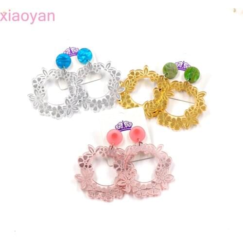 1pair) 50mm Acrylic Flower Earring Engraved Rose Gold Mirror Girl Candy Flower Dangle Earrings