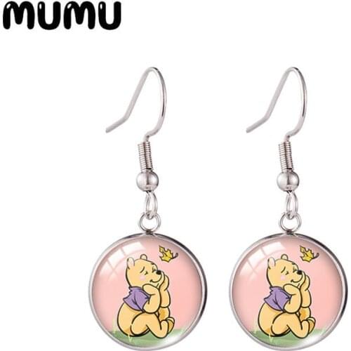 2021 New Winnie the Pooh Fish Hook Earring Eeyore Piglet Round Jewelry Glass Dome Earrings Gifts Girl