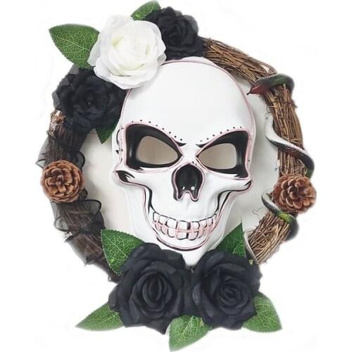 Horror Halloween Wreath Flower Skull Mask Wreath Home Door Decoration Halloween Party Supplies Black White Rose Garland