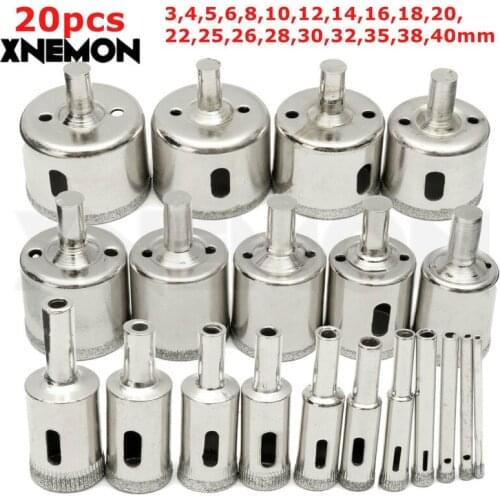 XNEMON 20Pcs 3-40mm Diamond Coated Hole Saw Drill Bits Tool for Ceramic Porcelain Glass Marble Cutting Glass Granite Marble Set