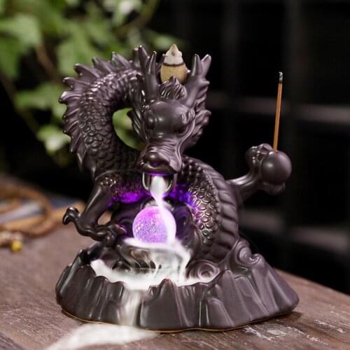 7-Color Change Dragon Shape LED Light Crystal Ball Backflow Incense Burner Living Room Office Home Entrance Decoration