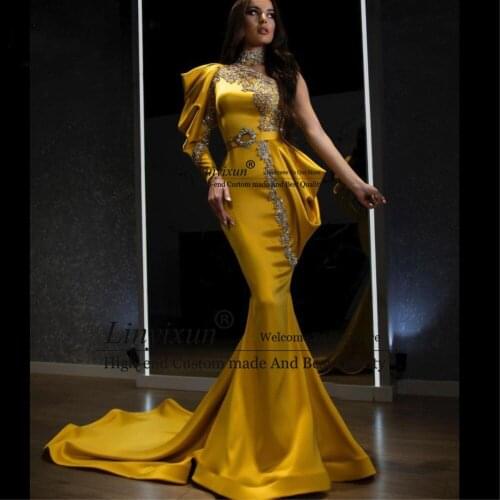 Gold Crystal Mermaid Evening Dresses 2021 One Shoulder Beaded Prom Dress High Collar Long Formal Vestidos Formales