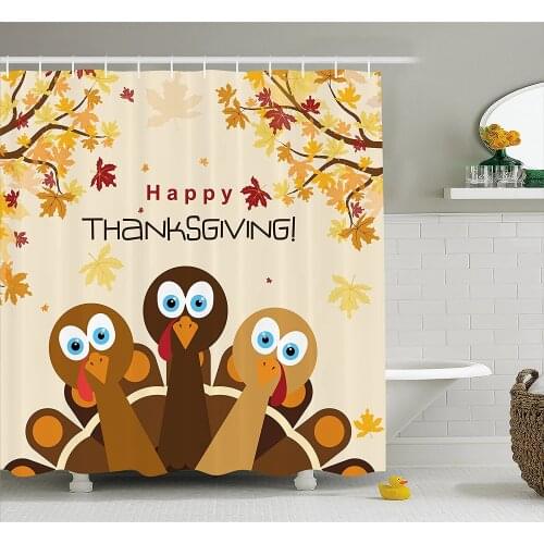 Turkey Shower Curtain Happy Thanksgiving with Falling Leaves and Poultry Birds Harvest Time Celebration Waterproof Bath Curtains