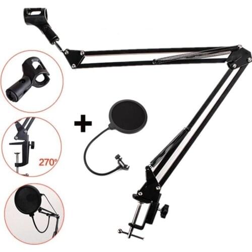 Extendable Recording Microphone Holder Suspension Boom Scissor Arm Stand Holder with Mic Clip Table Mounting Clamp