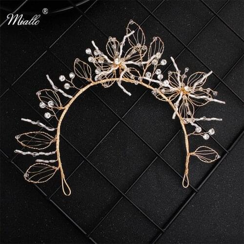 Miallo 2019 Classic Gold Flowers Wedding Hair Accessories Headpieces Handmade Bridal Hair Jewelry Women Princess Tiaras