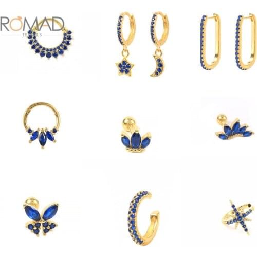 ROMAD 1PCS Blue Zircon Irregular Lightning Shape Earrings 925 Sterling Silver Stud Earrings For Women 2021 Sliver Jewelry