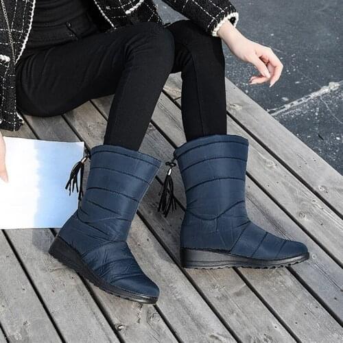Women Snow Boots Warm Plus Size Waterproof Fringe Striped Casual Winter Female Mid Calf Boots Ladies Shoes