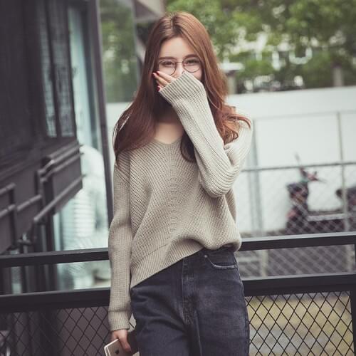 2019 Autumn New Pattern Suit-dress Korean V Lead Easy Pit Star With Fund Pullover Knitting Unlined Loose Coat Sweater Woman