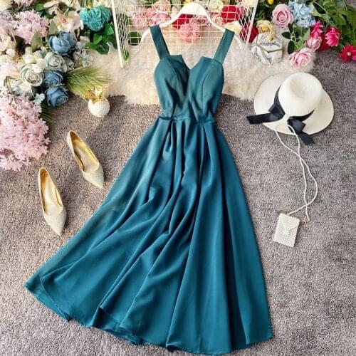 FTLZZ Sexy V-neck Spaghetti Strap Back Bandage Dress Women Summer Elegant Sleeveless Long Party Dress Vintage Green Dress