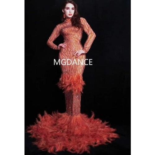 Women Singer Dancer Train Dress Sexy Stage Red Rhinestones Feather Birthday Celebrate Prom Evening Dresses