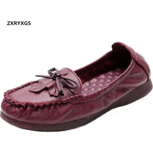 ZXRYXGS New fashion bow Top Soft Cowhide Comfortable leather Shoes Woman Flats Shoes Light Soft Sole Women Shoes Casual Shoes