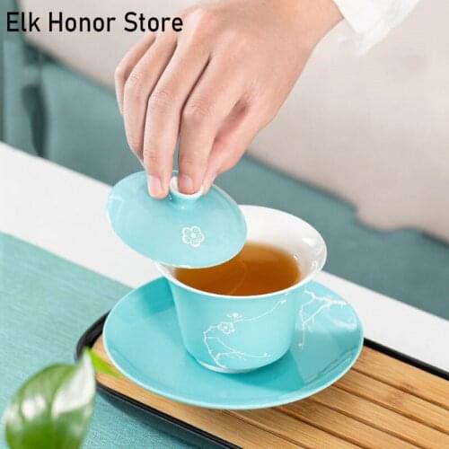 175ml Suet Pink Sakura Jade Ceramic Gaiwan Teacup White Porcelain Tea Tureen Bowl Chinese Porcelain Teaware Accessorie Drinkware
