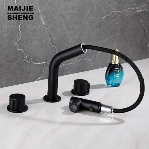 Black 3 Pcs Bathroom WashBasin Sink Tap Solid Brass Vessel Dual Handles Bathtub Mixer Tap Faucet Swivel Spray Pull Faucet