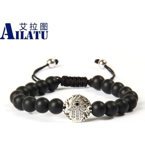 Ailatu Wholesale 8mm Matte Onyx Stone Micro Pave Cz Beads Round Hamsa Fatima Hand Macrame Bracelet