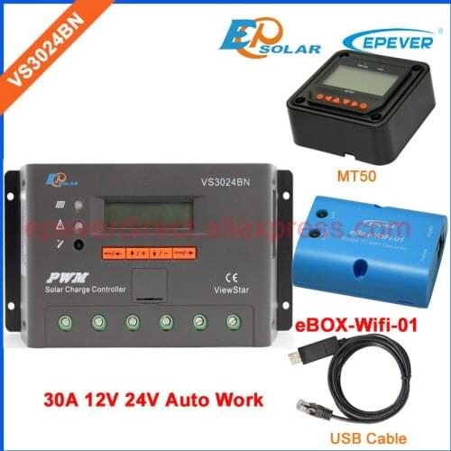 Battery 24V system Wifi BOX Mobile Phone APP USB PC connect Solar charger regulator VS3024BN 30A MT50 remote meter 30amp EPEVER