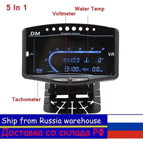 RU 5 In 1 Car LCD Digital Oil Pressure Sensor 1/8 NPT Voltmeter Tachometer Water Temperature Fuel Rpm Gauge Meter Motorcycle