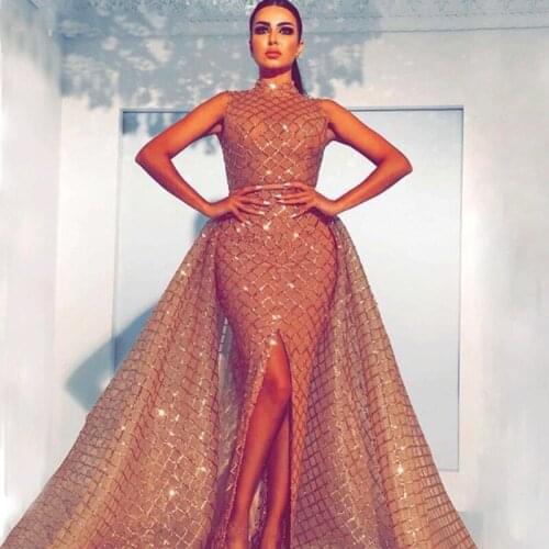 Detachable Skirt Champagne Mermaid Evening Dresses High Neck Front Split Sweep Train Arabic Duabai Evening Gown Robe De Soiree