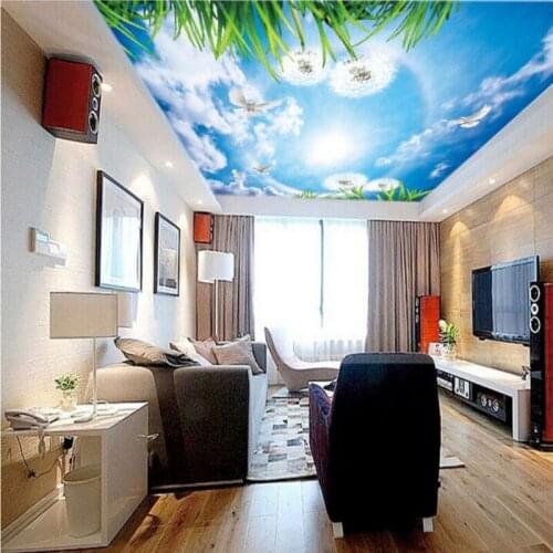 Photo wallpaper Blue sky white sky sky pigeons dandelion ceiling Wallpaper roof wall mural high quality living room mural