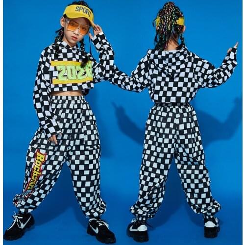 Jazz Dance Costume Girls Hip Hop Clothes Hoodie Plaid Suits Girls Tops Pants Modern Ballroom Street Dancing Stage Wear BL5458