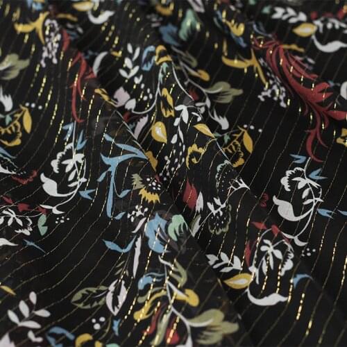 Red Raspberry 8momme Gold Thread Black Flowers Printed Silk Georgette Fabrics Summer Women Dress DIY Sewing Cloth Freeshipping