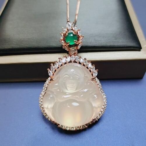Koraba S925 Silver Inlaid Natural Chalcedony Buddha Pendant Necklace