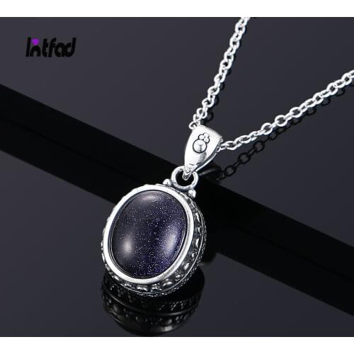 Classic Blue Sandstone Vintage Necklace 925 Sterling Silver Oval Pendant Necklace for Women Fine Jewelry Gifts Wholesale