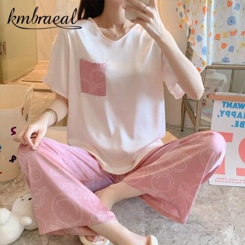 Pajama Sets Women Korean Style Smile Print Simple Ins Chic Loose Tops V-neck Short Sleeve Basic Homewear Students Lounge Lovely