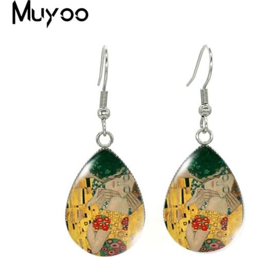 2021 New Gustav Klimt The Kiss Tear drop Earring Oil Painting Fish hook Earrings Glass Cabochon Jewelry Handmade Items