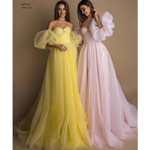 Robe De Soiree Musulman Evening Dresses Long Elegant Off the Shoulder Tulle Formal Dress for Wedding Party with Beaded Belt