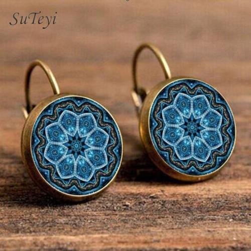 SUTEYI Vintage Mandala Amulet Earring Henna Glass Dome Earrings For Women Jewelry Zen Buddhism Symbol Earings