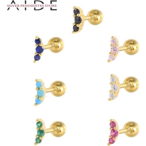 AIDE 1PCS Mini 925 Sterling Silver Stud Earrings For Women Green Pink Blue Piercing Earrings Jewelry Pendientes Plata 925