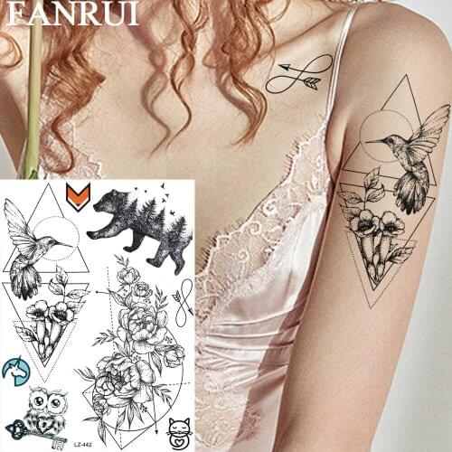 FANRUI Rose Flower Hummingbird Bear Mountain Temporary Tattoos For Women Sticker Triangle Tatoos Custom Tattoo Body Art Arm