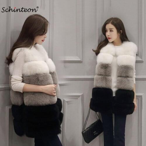 Schinteon Women Fur Vest Waistcoat Gilet Coats Faux Fox Fur White Grey Black Spliced Clothing Top Quality Fast Shipping