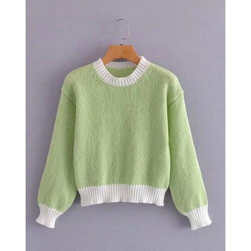 2021 Women High Quality Pure Light Green Round Neck Lantern Long Sleeve Knitted Sweaters Female Vintage Loose And Casual Pullove