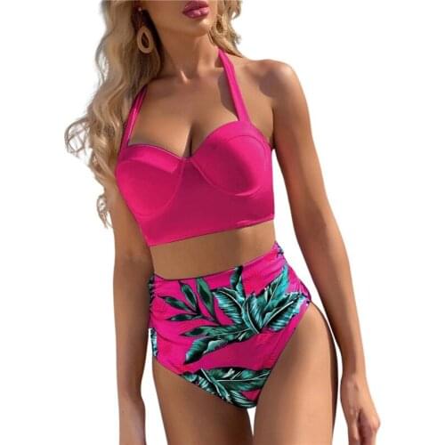 2021 Women High Waist Push Up Bikini Summer Swimsuit Solid Color Halter Neck Sleeveless Tops +High Waist Shorts Beachwear