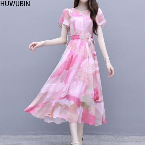 2021 New Summer Womens Chic Round Neck Fashion Waist Over Knee Long Skirt Temperament Show Thin Popular Chiffon Dress