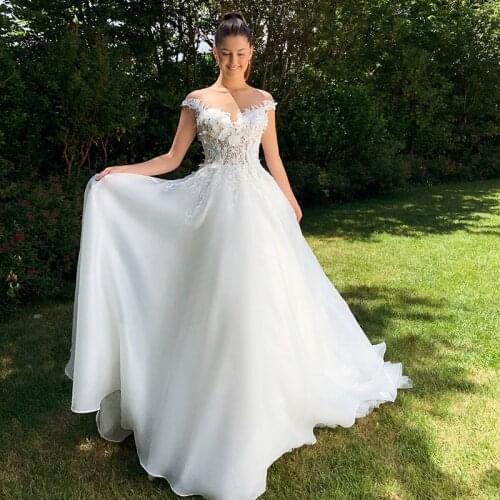 Sexy Sweetheart Cap Sleeve Illusion Back Wedding Dress 2021 New Luxury Off Shoulder A Line Handmade Flower Bridal Gowns