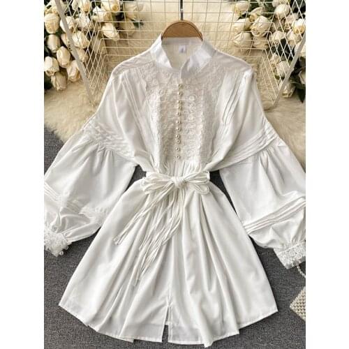 ZCWXM Summer Women Vintage Elegant Beading White Dress With Belt Mandarin Collar Lantern Sleeve Ball Gown Slim Solid Clothes