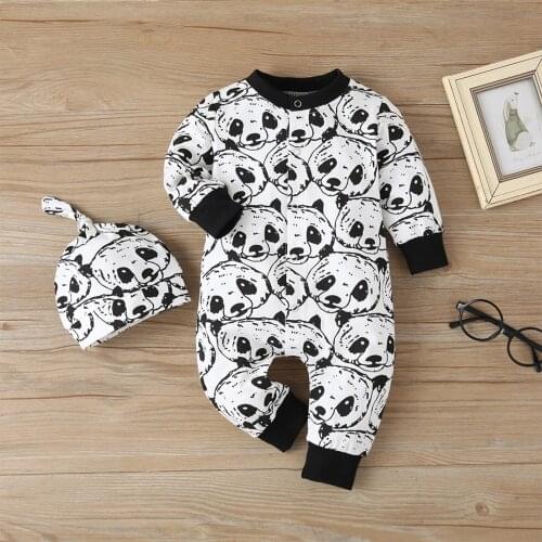New 2Pcs Newborn Baby Boys Rompers Cartoon Panda Pattern Long Sleeve Jumpsuit and Hat Infant Boy Clothing Autumn Toddler Clothes