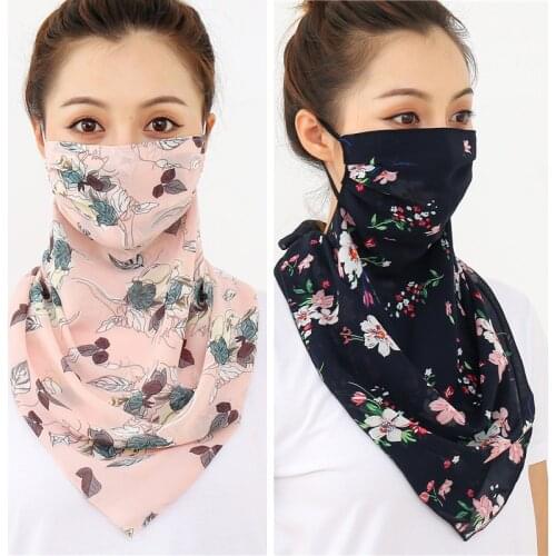 2021 New Women Face Scarf Silk Bandana Lady Fashion Neck Wrap Print Chiffon Face Cover Anti Dust Sun Protection Reusable Foulard