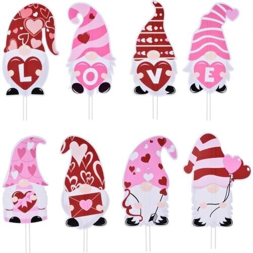 8pcs Valentines Gnomes Yard Sign With Stakes Valentines Day Faceless Dwarf Figurines Fairy Garden Micro Landscape Garden Decor