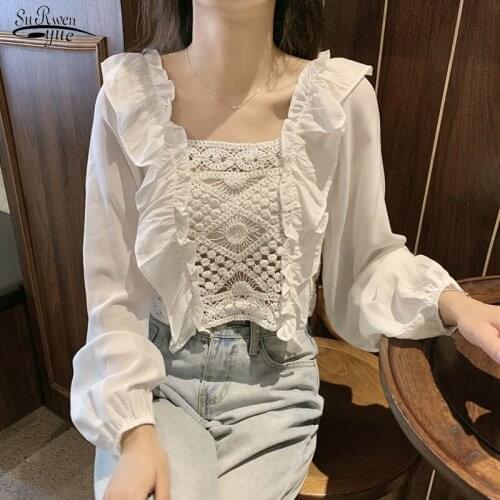 Elegant Crochet Hollow White Lace Shirt Top Casual Long-sleeve One-shoulder Blouse Spring Chiffon Patchwork Ruffled Blouse 17273