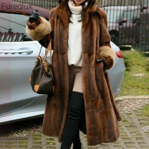 FUREALUX 2021 Real Mink Fur Coat Winter Jacket Long Turn-down Collar Overcoat Women All-match Streetwear Warm manteau femme