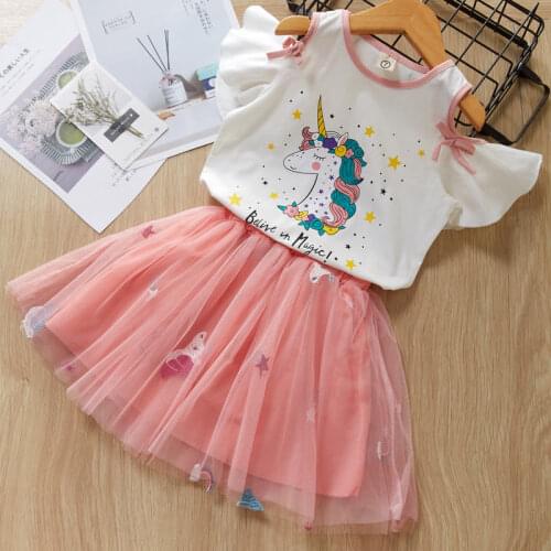 Unicorn Summer Girls Clothing Sets Cartoon 2 Color T-Shirt + Mesh Lace Skirt 2Pcs Girls Clothes Casual Suit For Girls