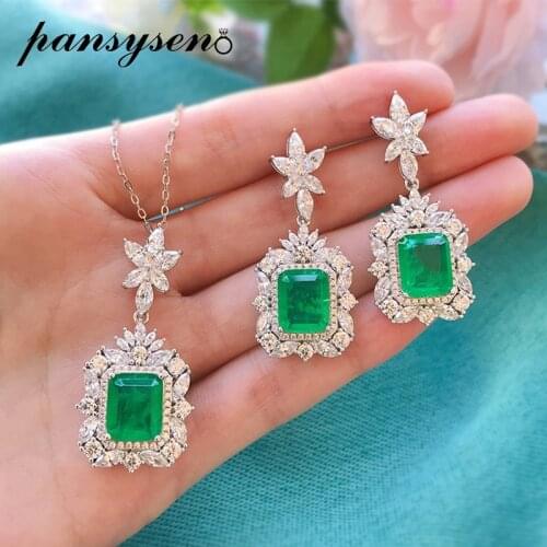 PANSYSEN 100% 925 Silver Jewelry Sets for Women Vintage Created Moissanite Emerald Gemstone Necklace Earrings Set Wholesale Gift