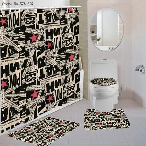 3/4 Pieces Newspaper Shower Curtains Sets Eiffel Tower Carpet Pedestal Rug Lid Toilet Cover Bath Mat Home Retro Bathroom Set