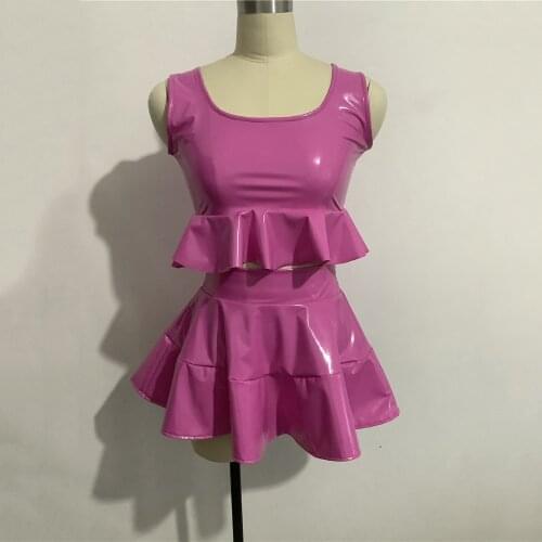Summer Shiny PVC Leather Dress Sets Women Little Vest T-Shirt+Pleated Skirt 2pcs Plus Size Mini Skirts Party Clubwear Custom