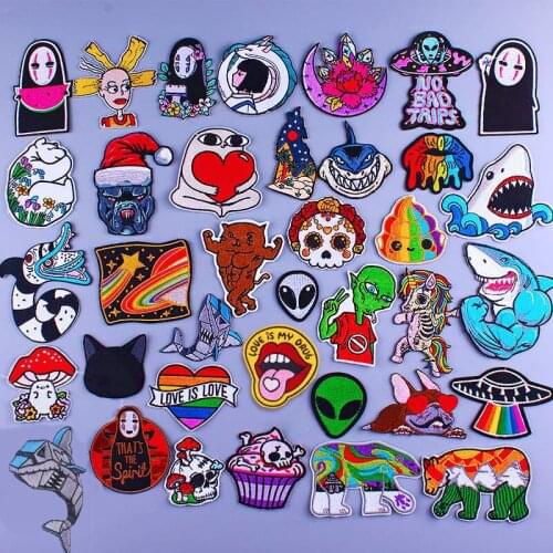 Cartoon Patch Iron On Patches Animal Embroidered Patches For Clothing Cat Stripe Applique Badge Alien Patches On Clothes Parches