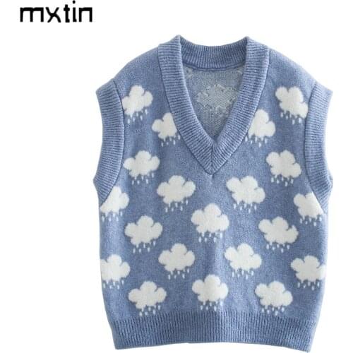 MXTIN 2021 Women Vintage Sweet Floral Print Pullover Knitted Vest Sweater Fashion V Neck Sleeveless Female Waistcoat Chic Tops